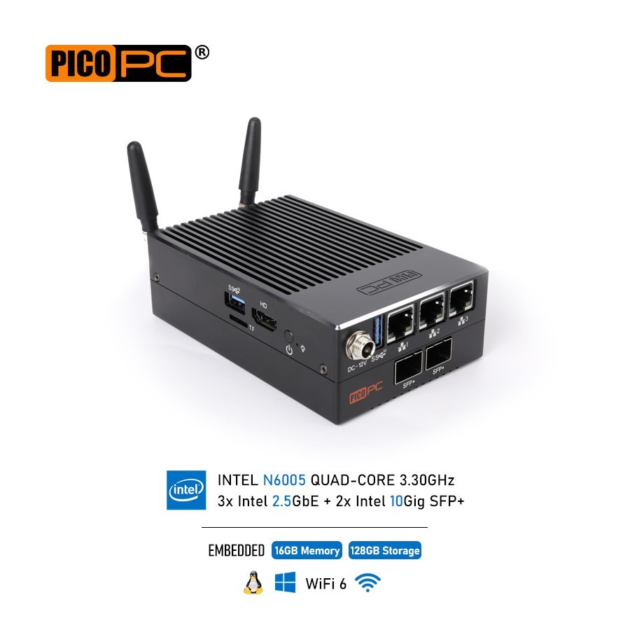 PICOPC® Firewall Router Intel N6005 16GB/128GB 3x2.5GbE WiFi6 Dual Intel® 10Gig SFP+ Fiber